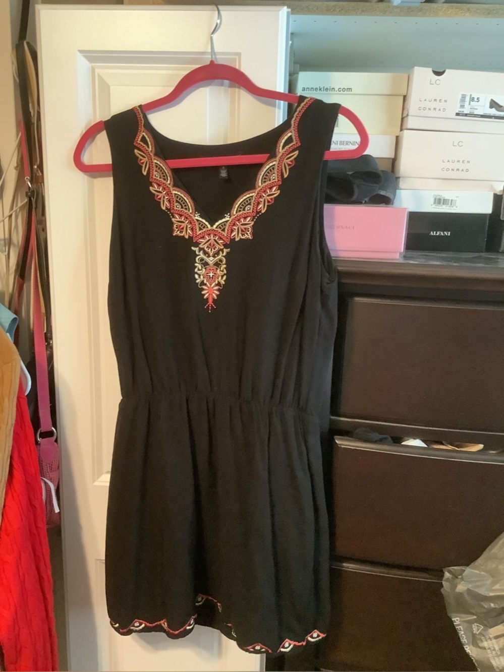 White House Black Market Black Sleeveless Mini Dress with Red & Gold Embroidery